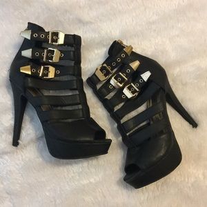 Black Cage High Heel Shoes with Gold Buckles